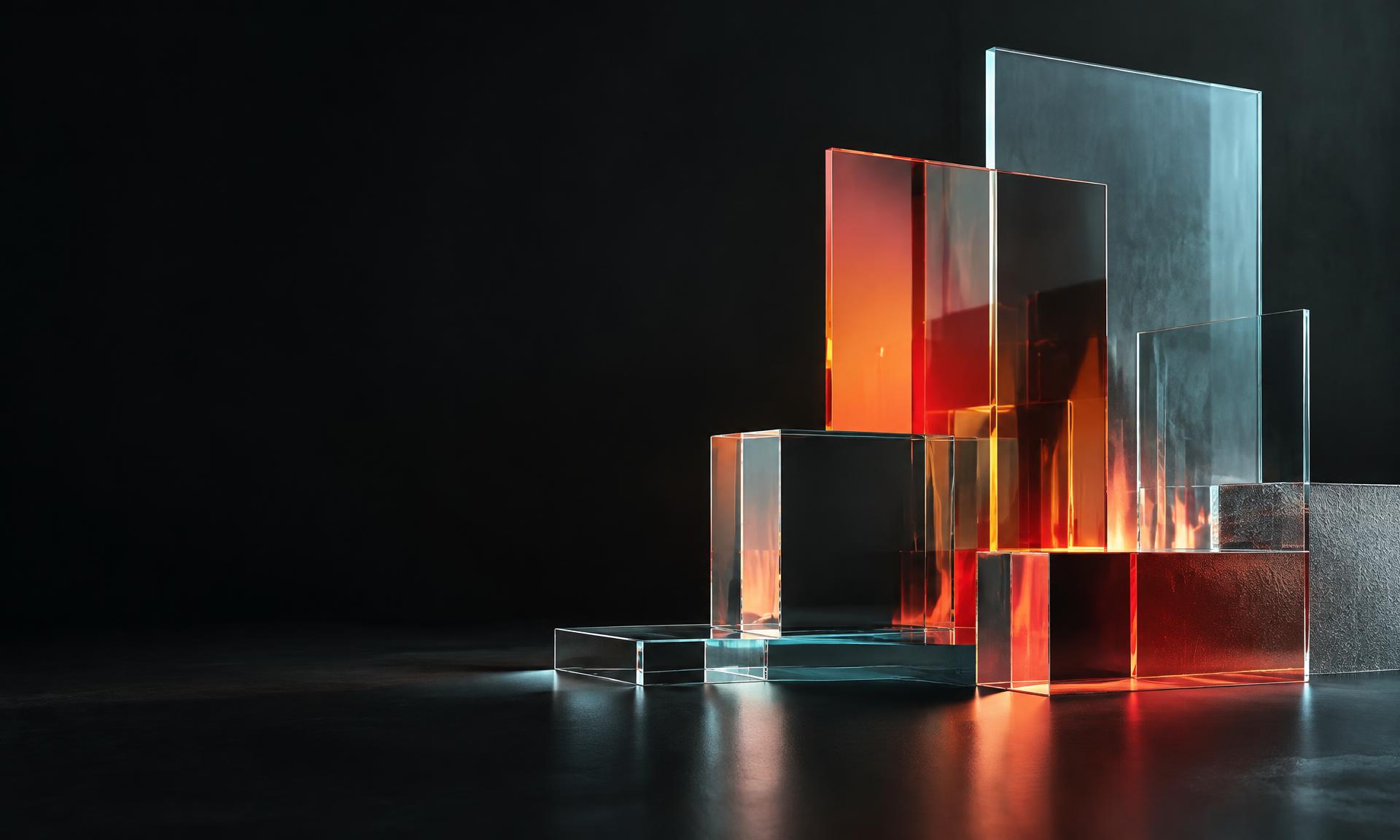 Sculptural layers of illuminated glass in a dark studio